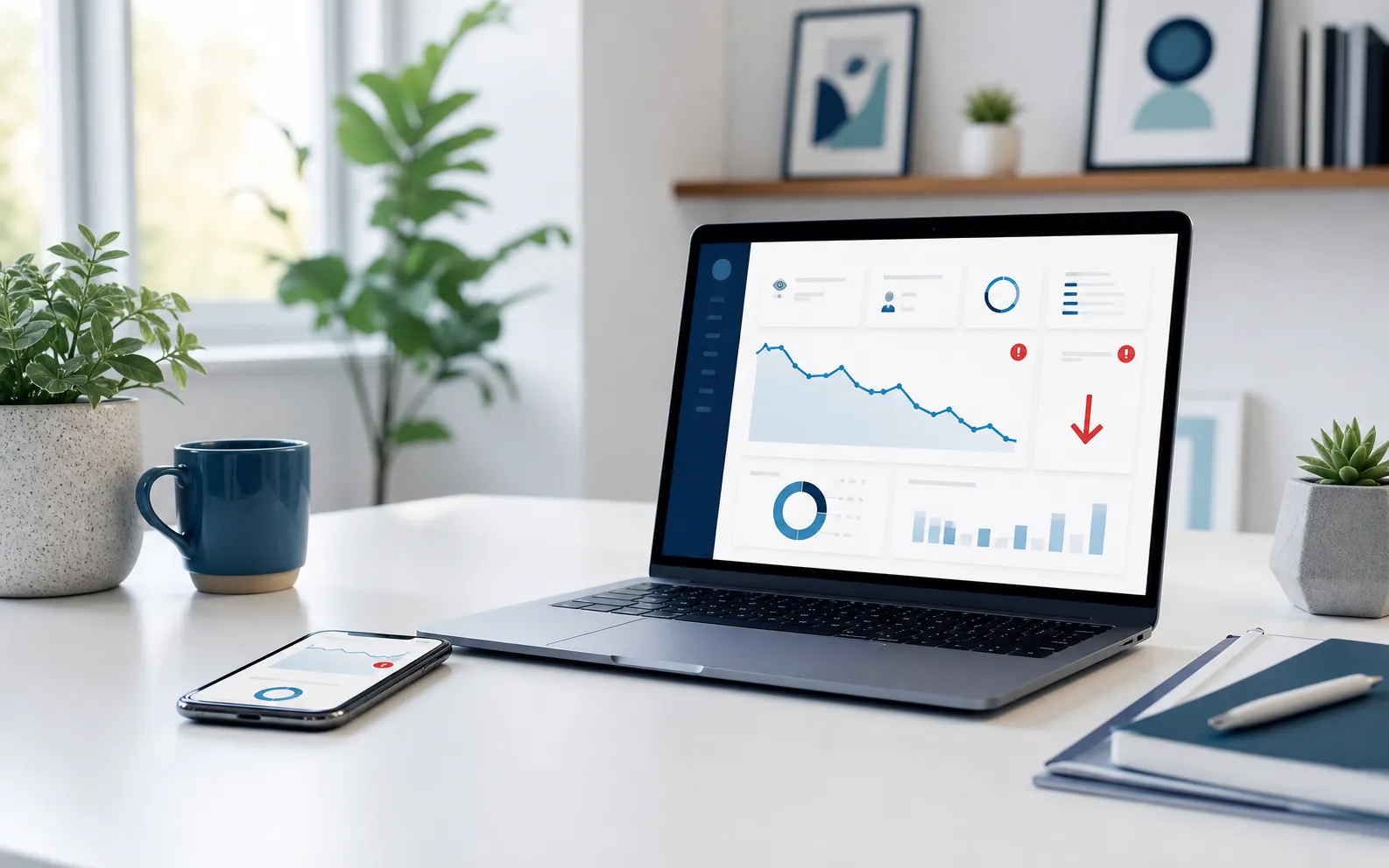 Laptop and phone showing website performance issues and customer enquiry signals