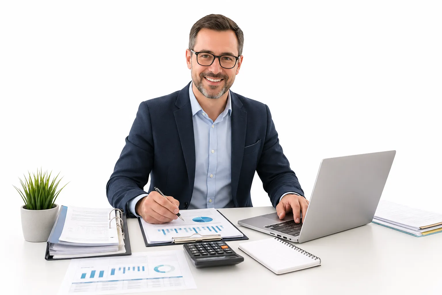 Friendly accountant working with a laptop, calculator, financial documents, and charts