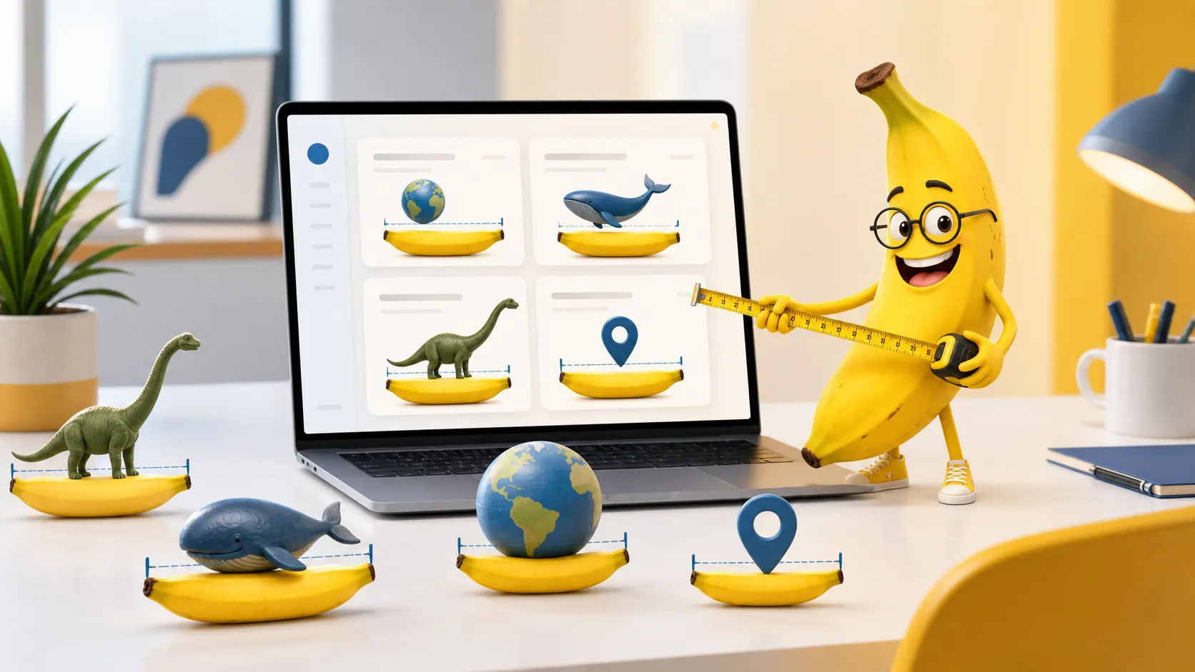 A cheerful banana measuring a laptop, dinosaur, whale and planet for Banana 4 Scale
