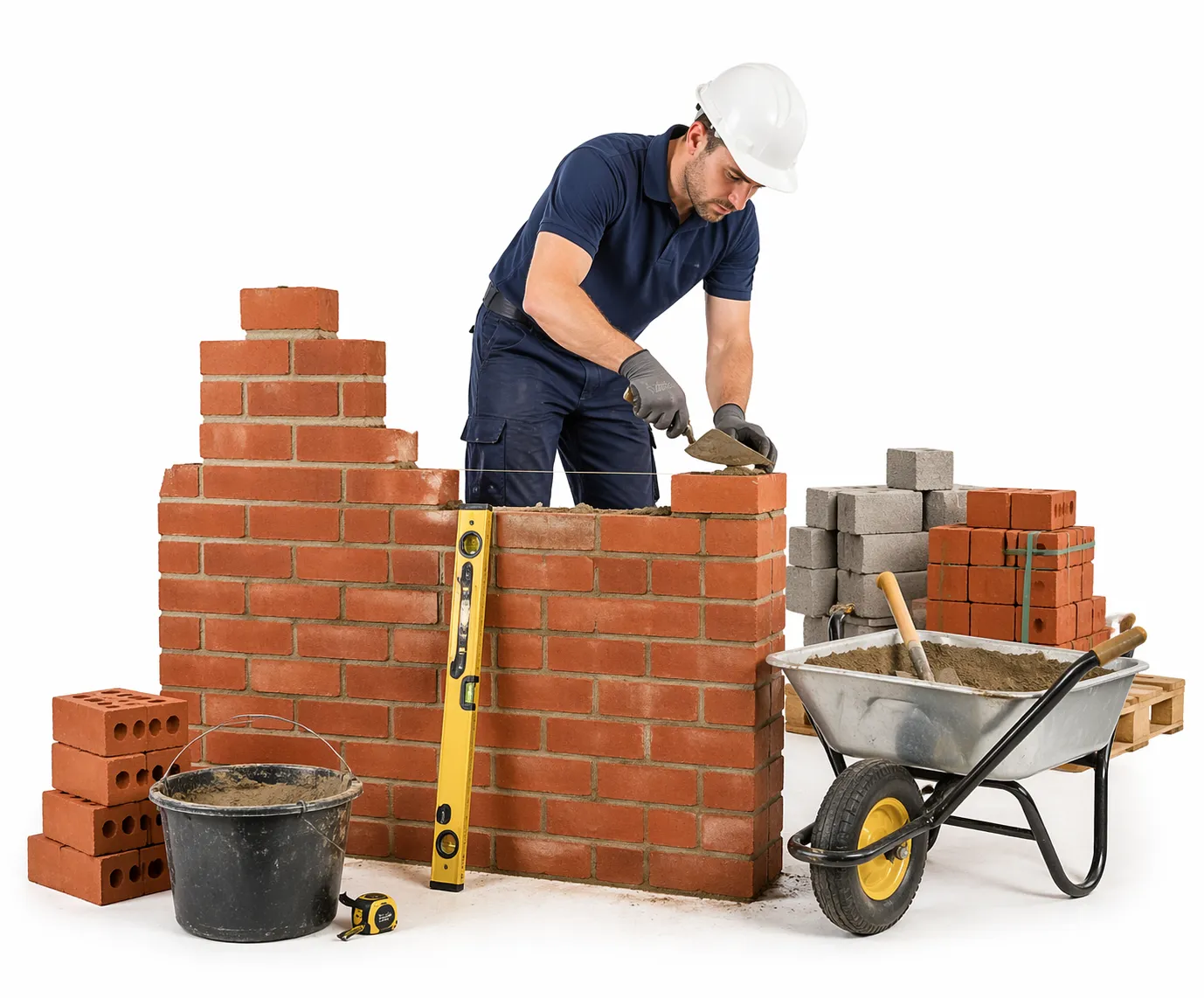 Builder laying brickwork with construction tools and materials
