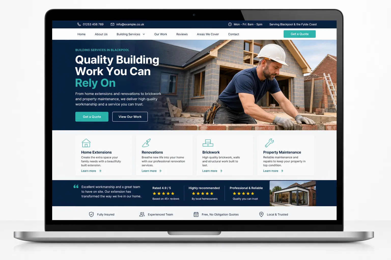 Website mockup for a building business in Blackpool