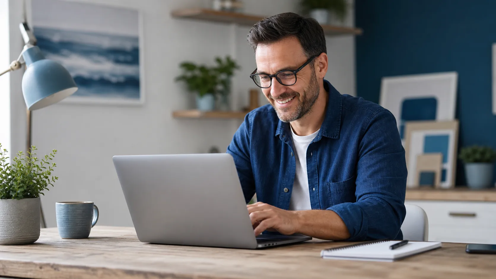 Small business owner working on a laptop in a modern workspace