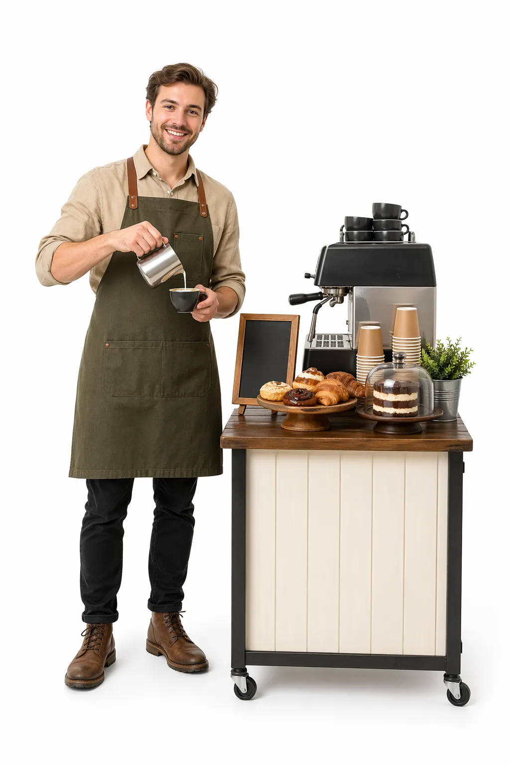 Cafe owner preparing coffee beside pastries and a coffee machine