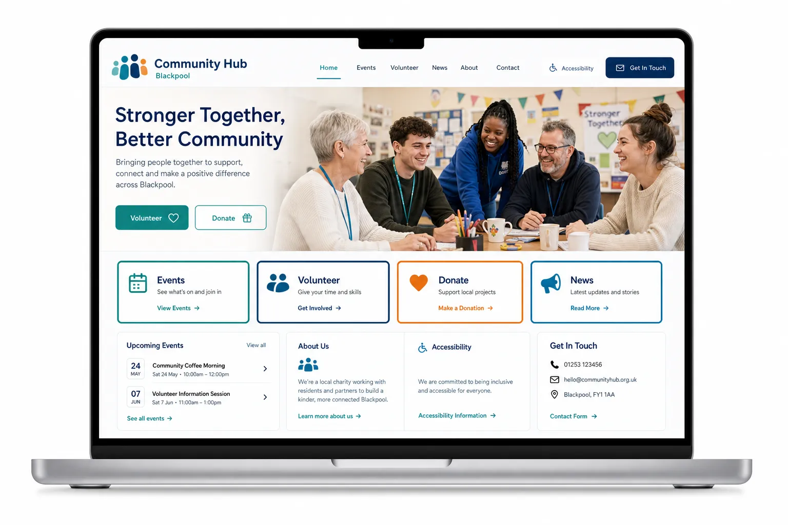 Website mockup for a community group in Blackpool