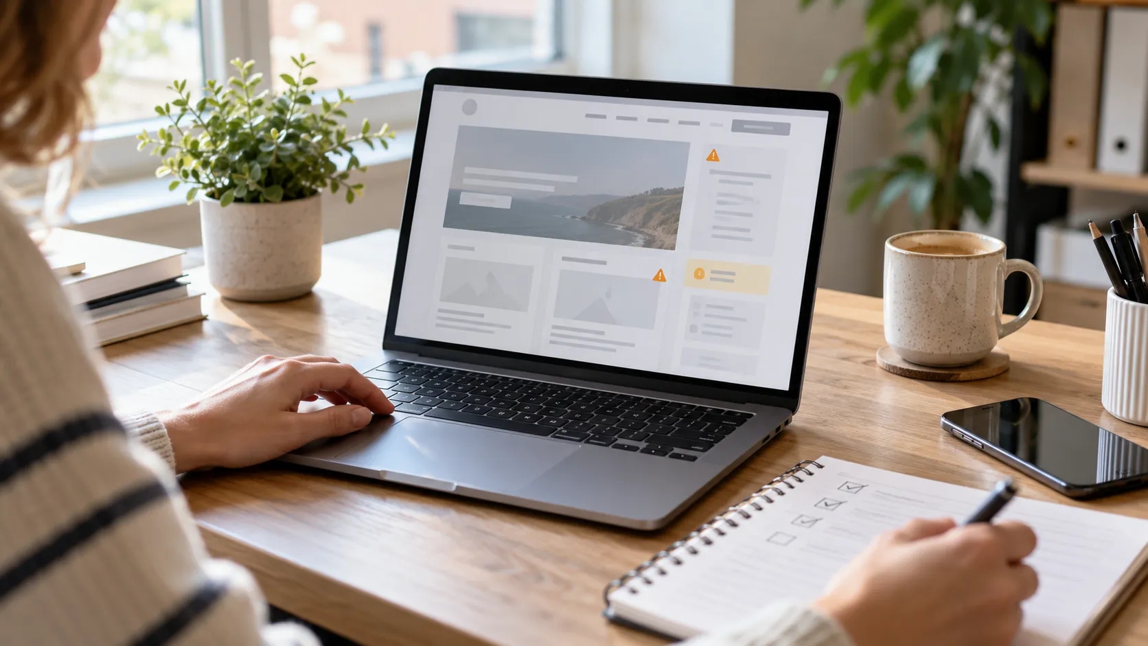 Laptop showing an AI-generated website draft being reviewed against a checklist before launch