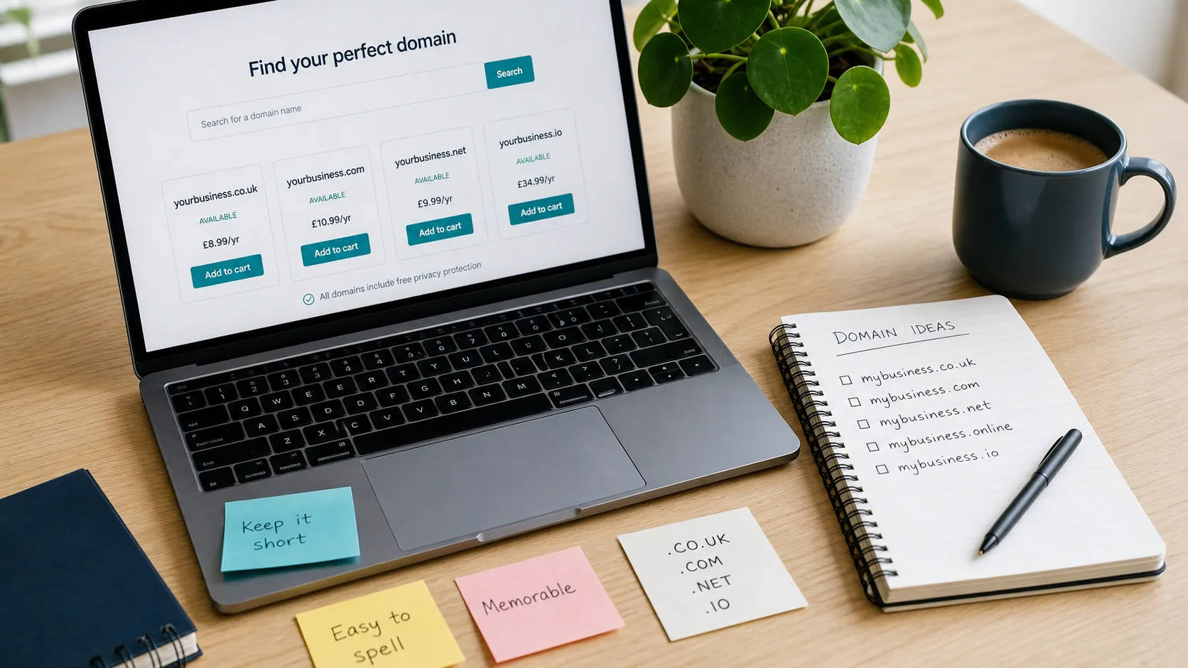 Laptop showing domain name search options with domain planning notes on a desk