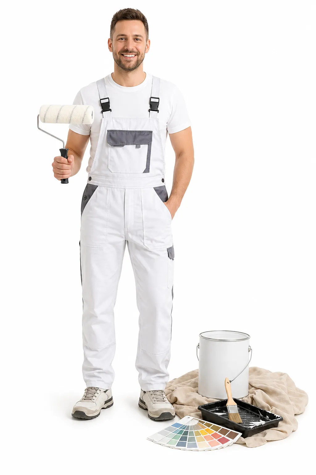 Professional decorator holding a paint roller with paint and colour swatches