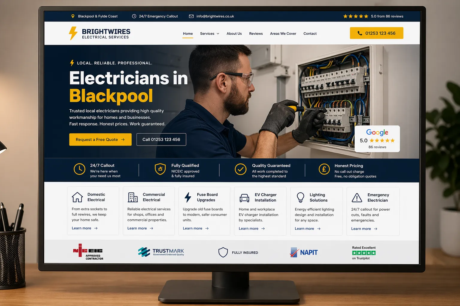 Website mockup for an electrician business in Blackpool