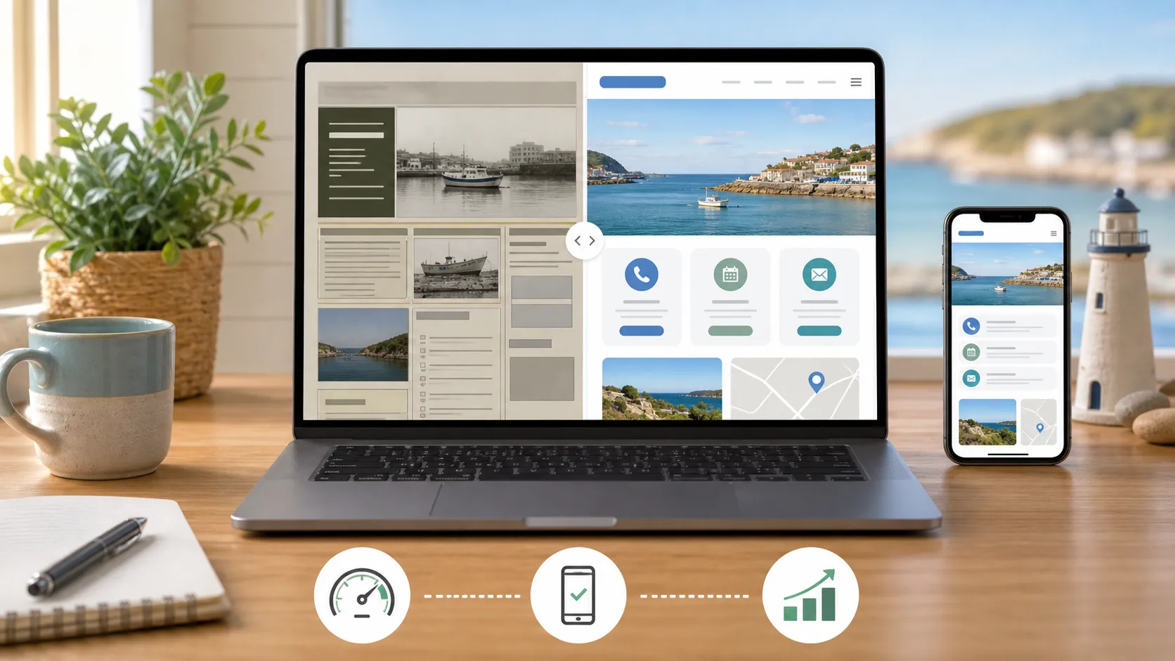Laptop showing an outdated website beside a cleaner modern website design with mobile and performance signals