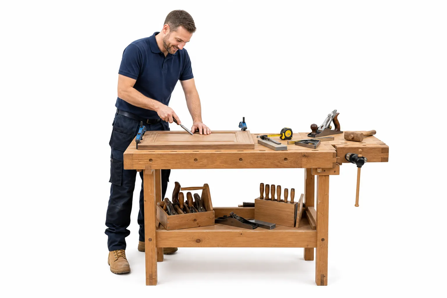 Joiner working at a bench on a wooden cabinet door with hand tools