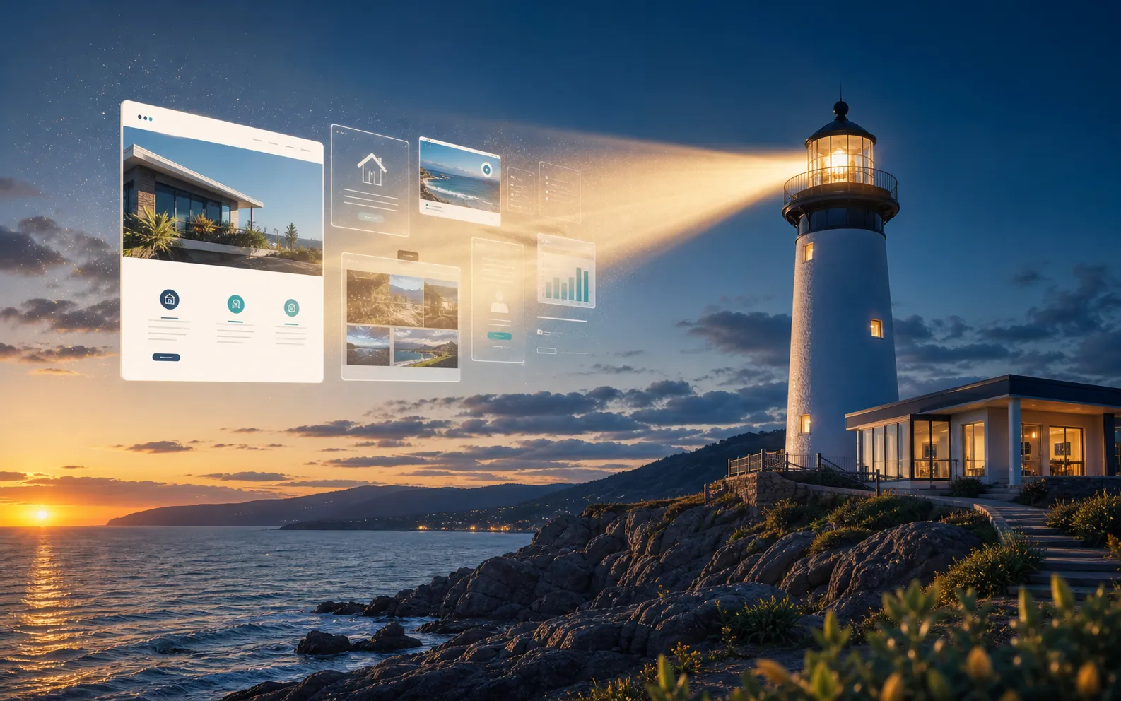 A lighthouse beaming light across modern website mockups for Lighthouse Sites by Rain Drop