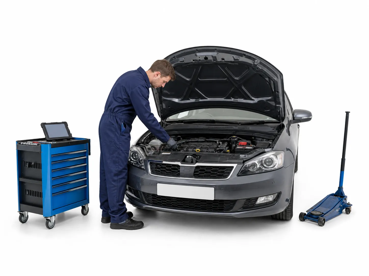 Mechanic inspecting a car engine in a clean workshop