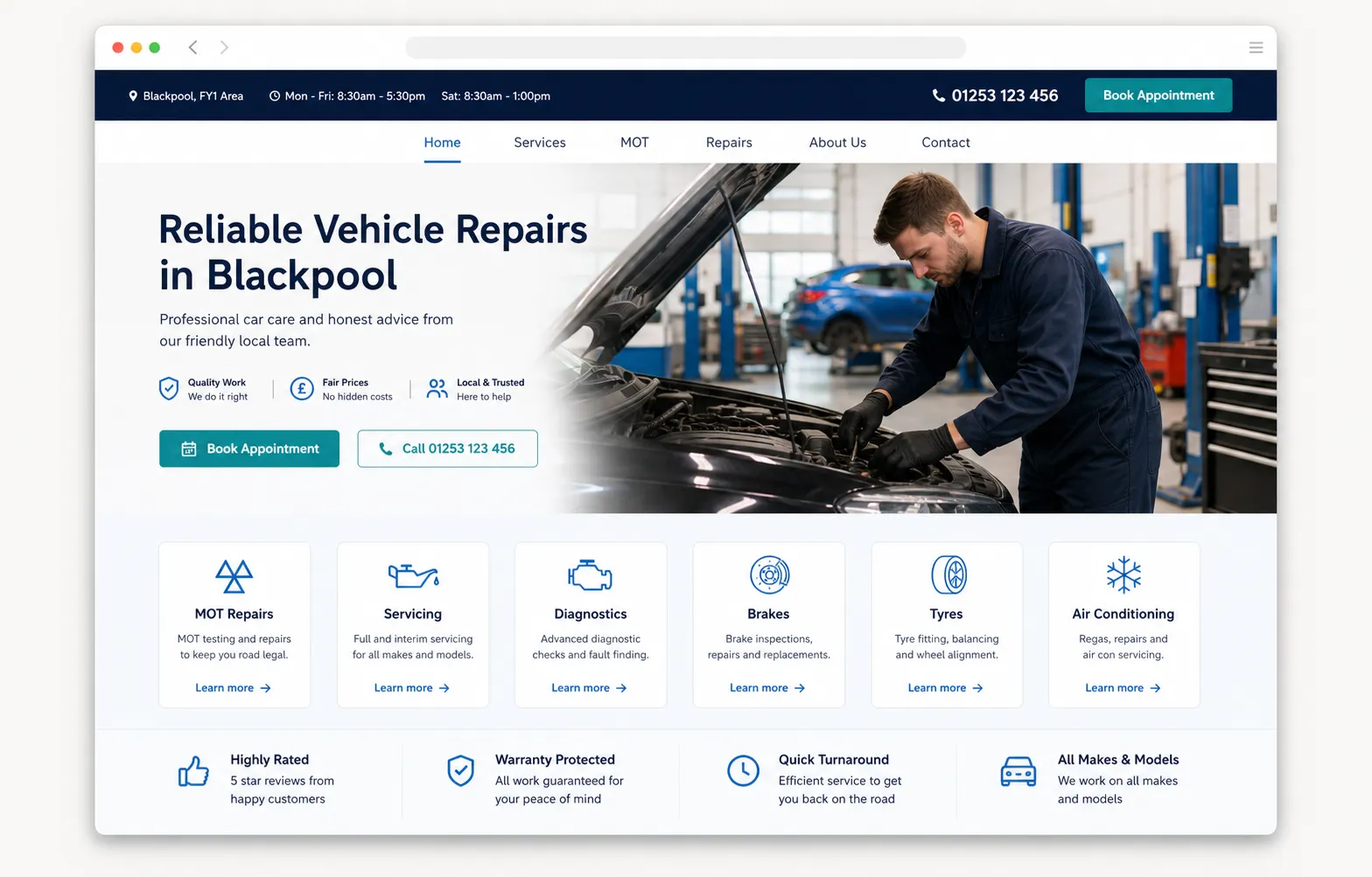 Website mockup for a car garage and mechanic business in Blackpool