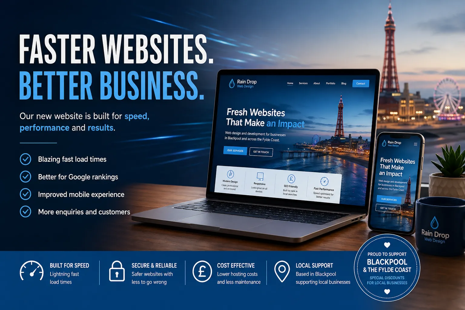 Rain Drop website redesign shown on a laptop with performance focused website design