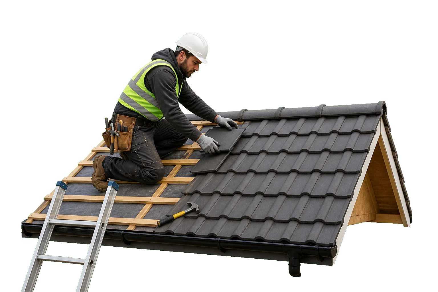 Roofer fitting roof tiles with tools and safety equipment