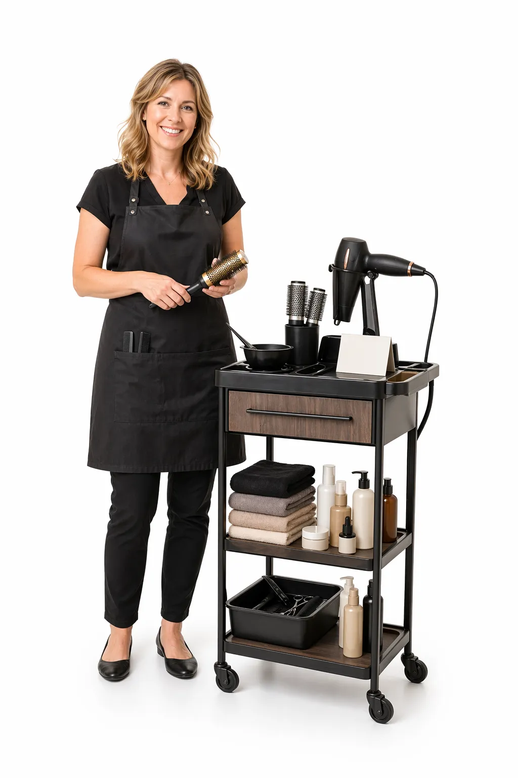 Salon owner standing beside hair styling tools, brushes, towels, and beauty products
