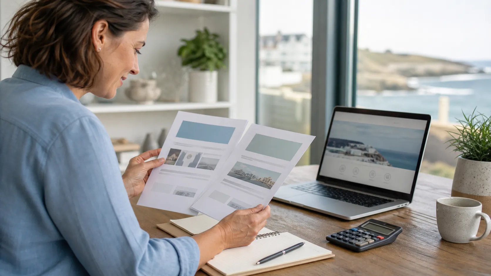 Small business owner comparing website proposal options with a laptop and calculator on a desk