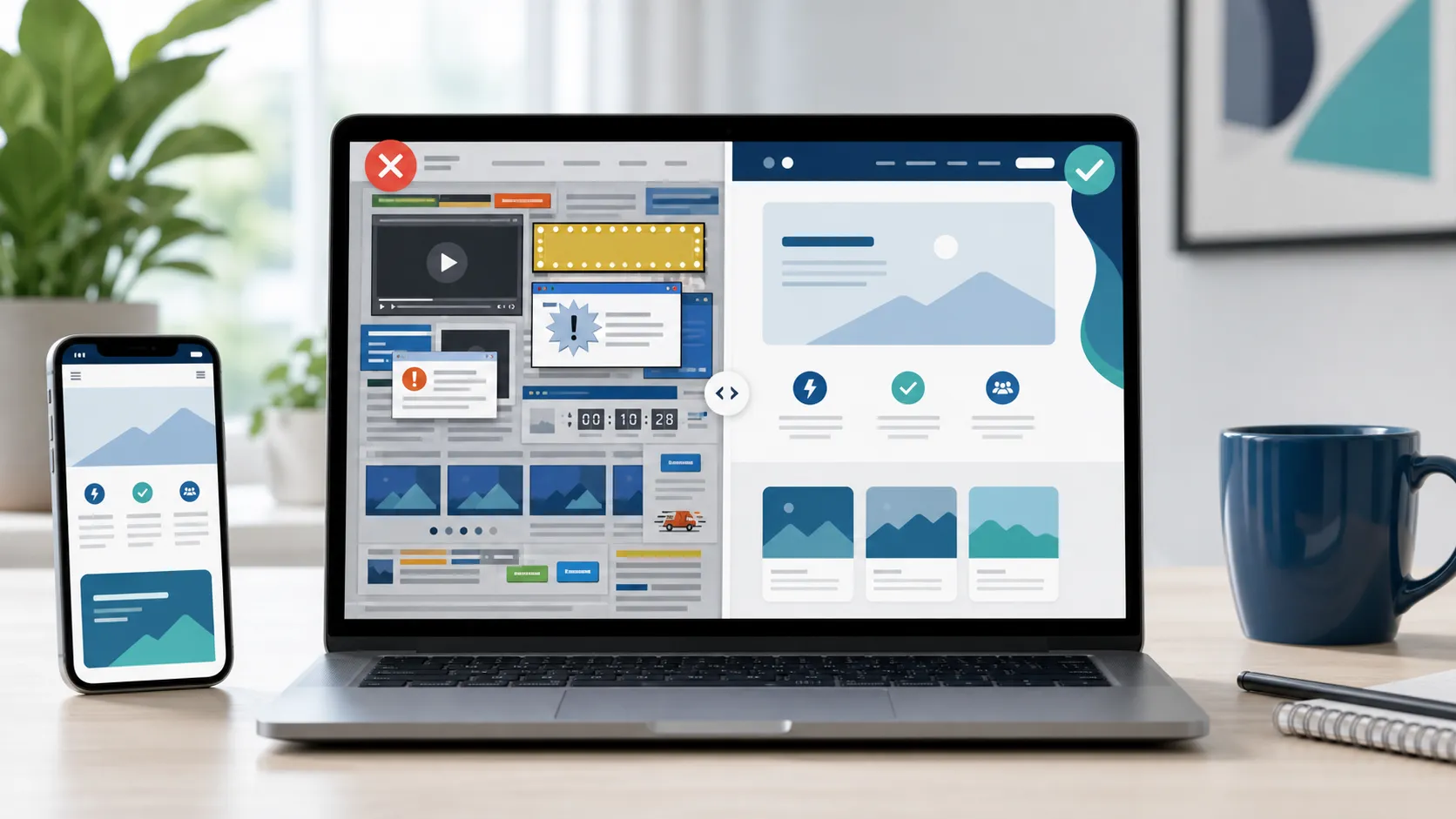 Laptop showing a cluttered outdated website beside a clean modern website design