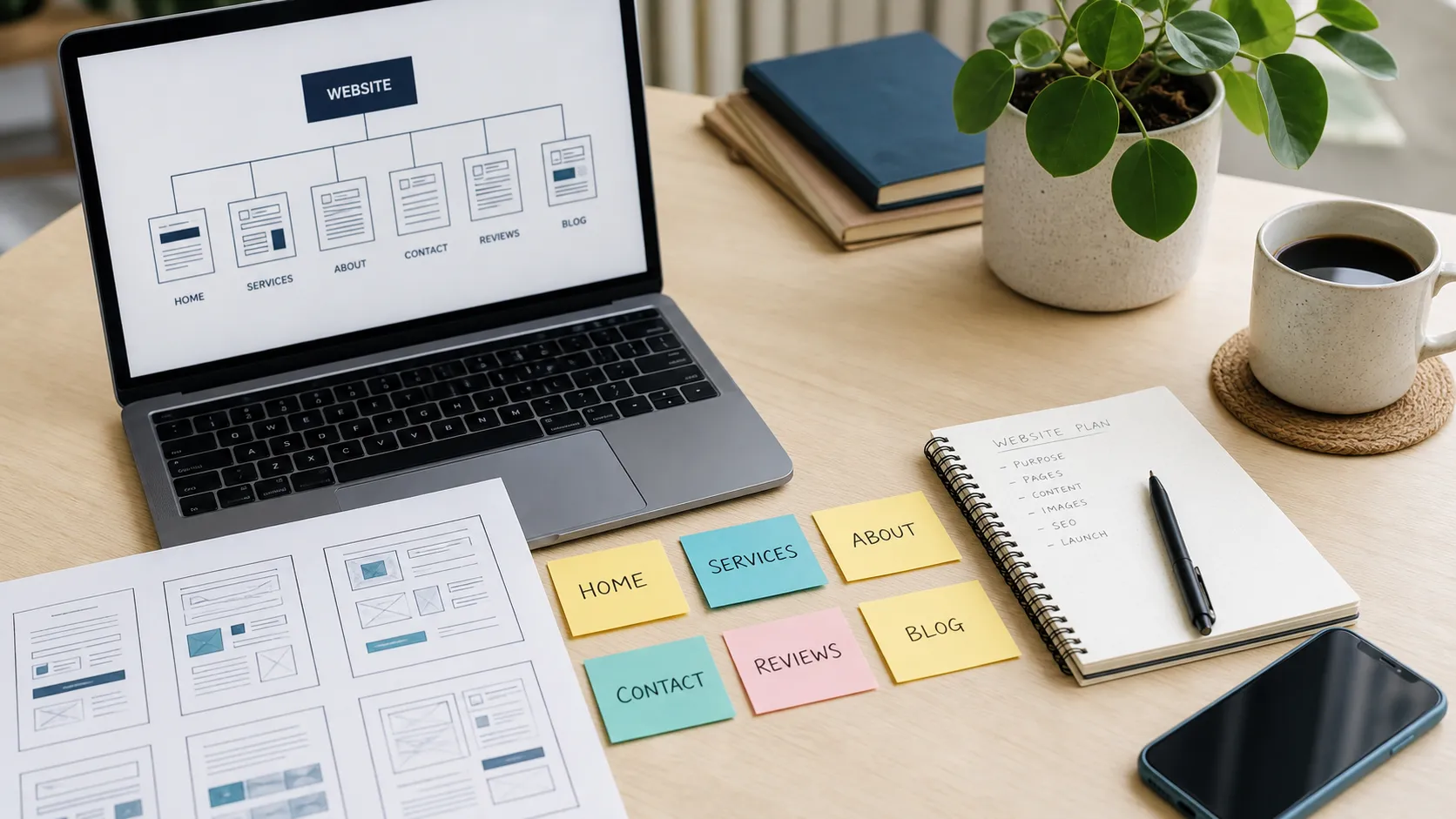 Laptop, notes and page planning cards for a small business website structure