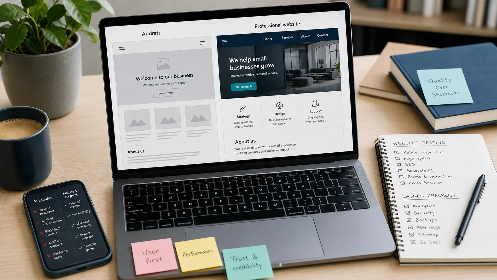 Laptop comparing an AI website draft with a professionally planned and tested business website