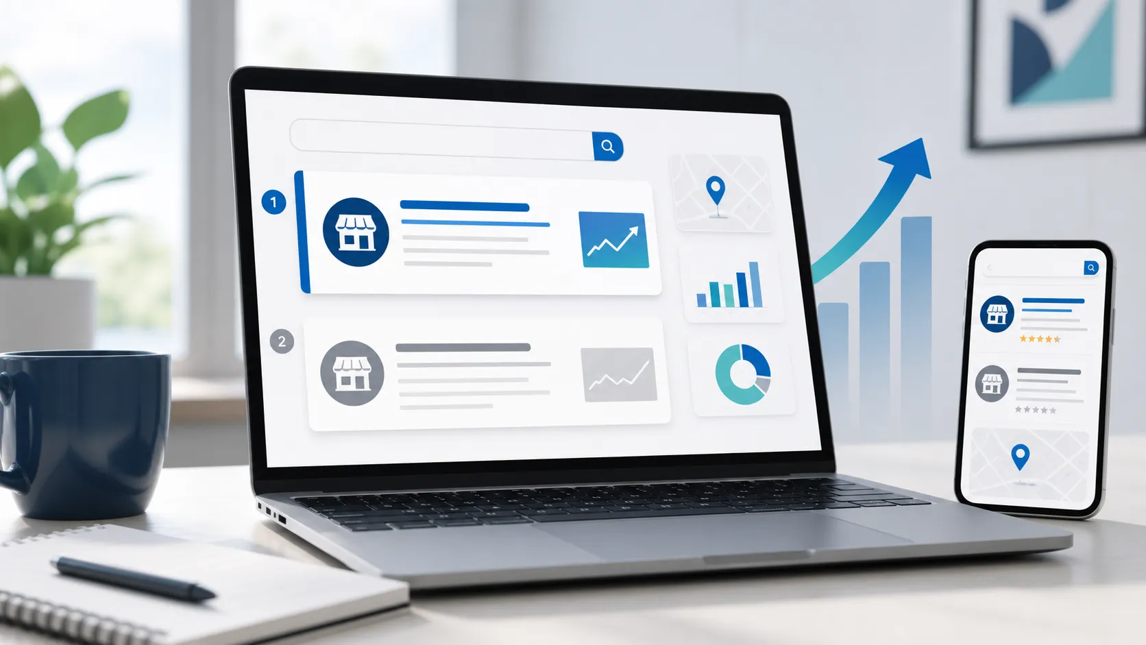 Laptop and phone showing local search rankings, analytics, and website performance signals