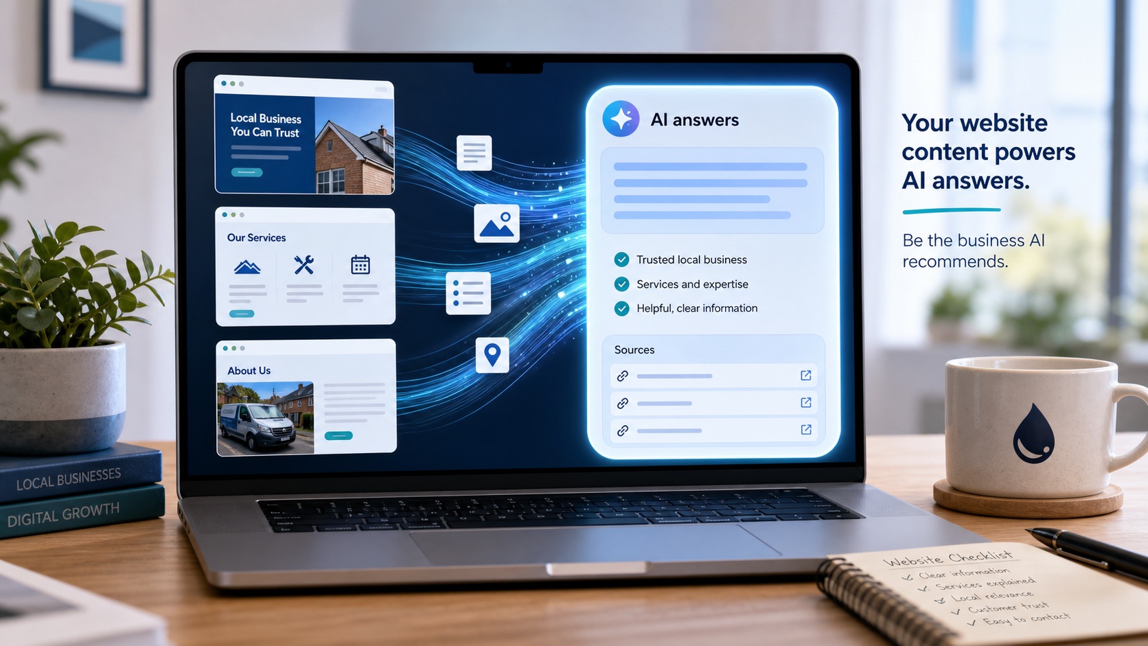 A business website feeding clear information into an AI answer panel