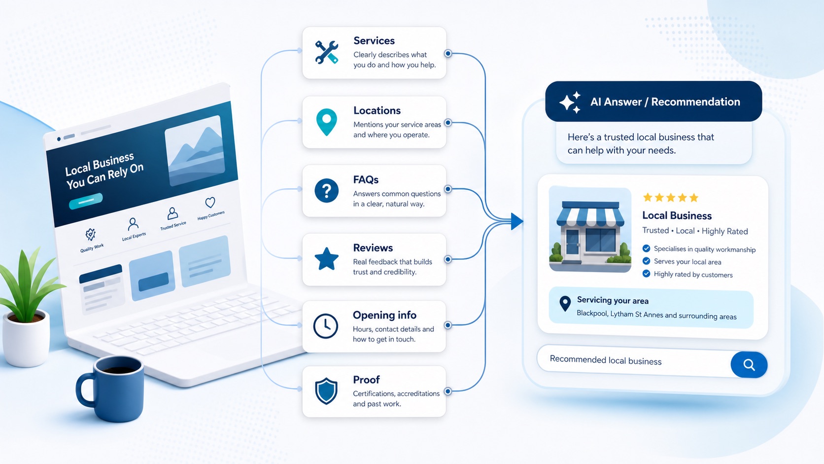Website content such as services, locations, FAQs, reviews and proof feeding into an AI recommendation